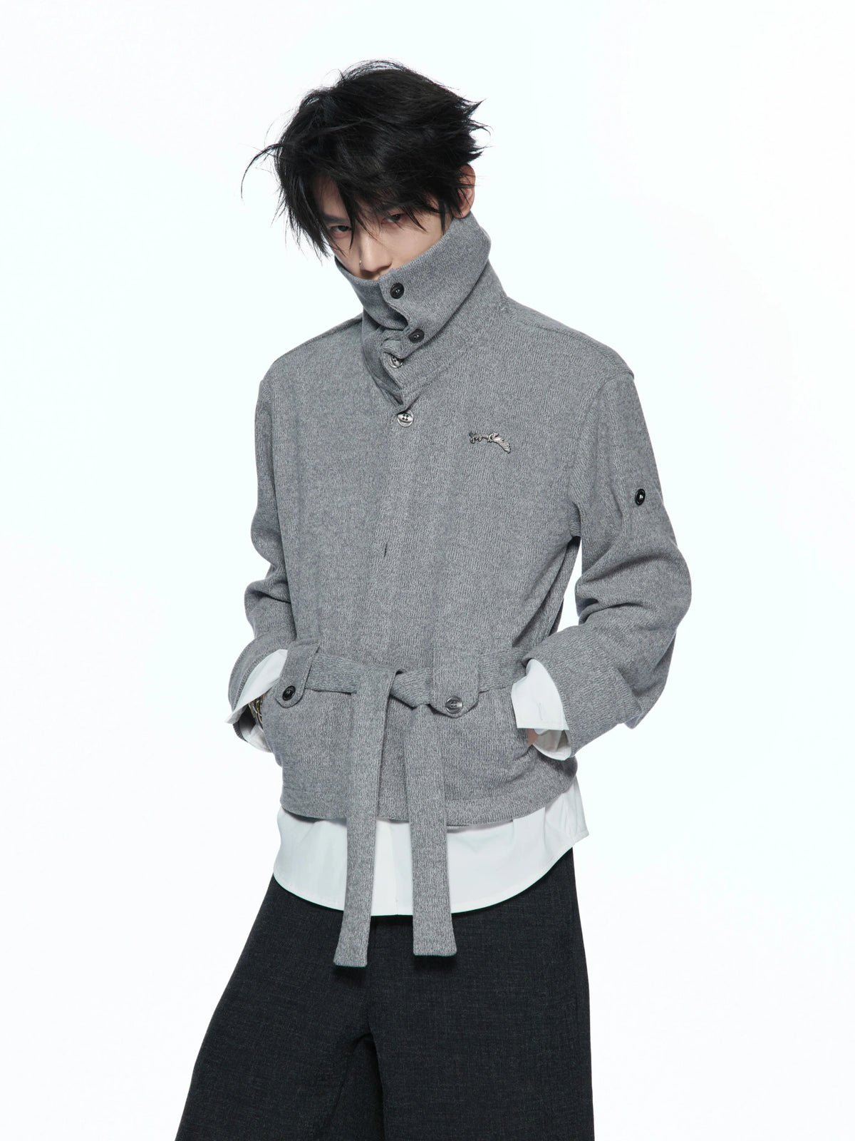 Faux Two-Piece Waist-Tie Knit Jacket in Black & Gray - main image 1
