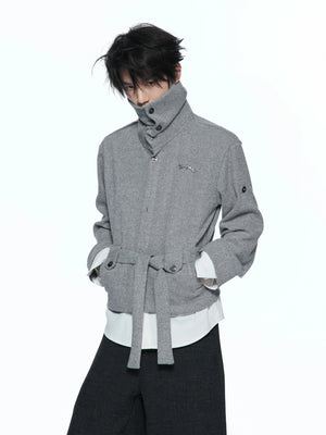 Faux Two-Piece Waist-Tie Knit Jacket in Black & Gray - main image 1