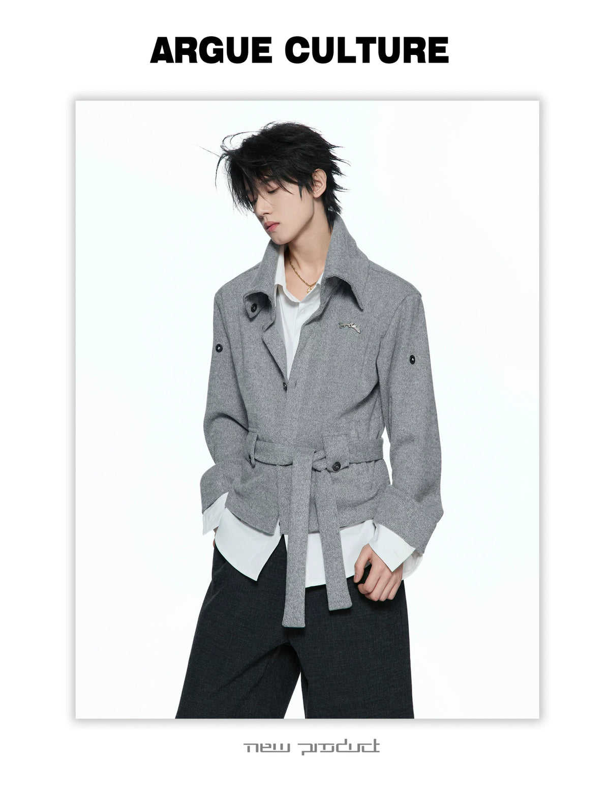 Faux Two-Piece Waist-Tie Knit Jacket in Black & Gray - detail image 7