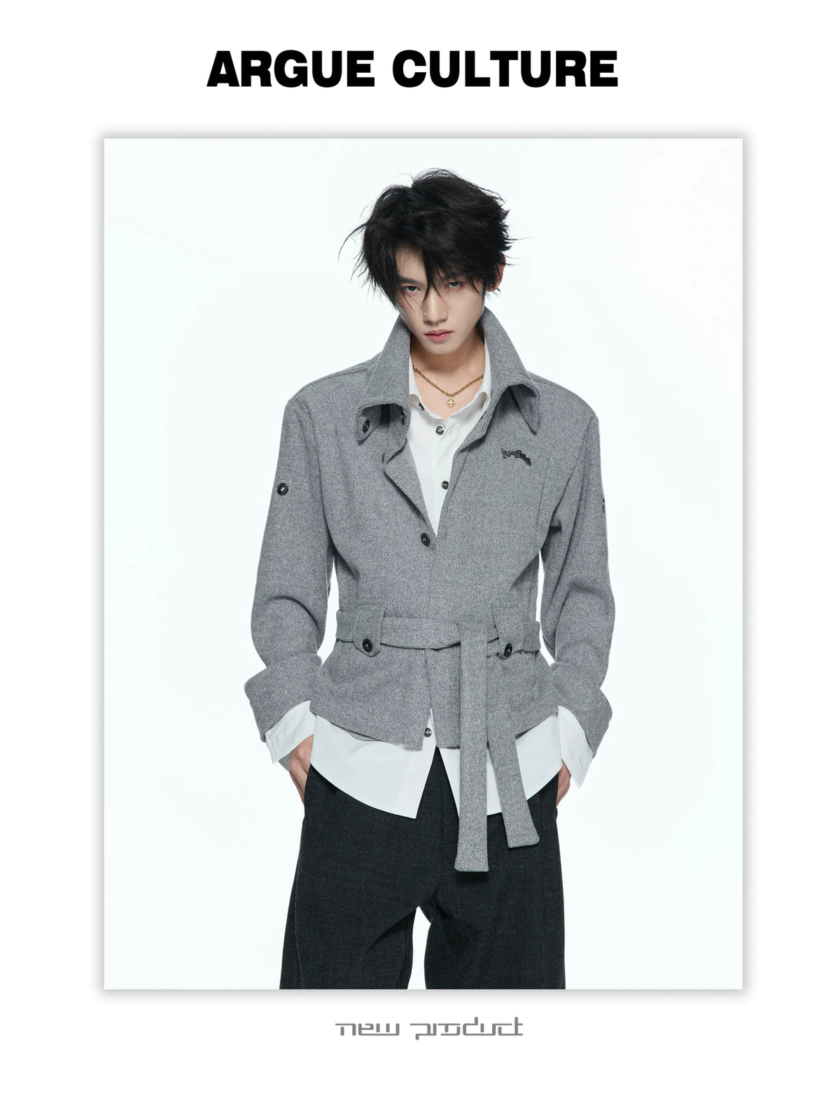 Faux Two-Piece Waist-Tie Knit Jacket in Black & Gray - detail image 6