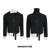 Faux Two-Piece Waist-Tie Knit Jacket in Black & Gray - Black
