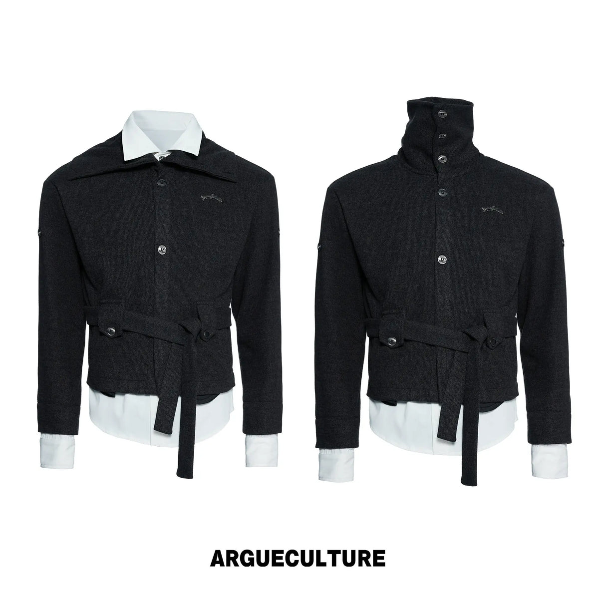 Faux Two-Piece Waist-Tie Knit Jacket in Black & Gray - Black