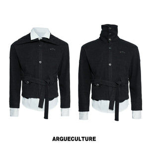 Faux Two-Piece Waist-Tie Knit Jacket in Black & Gray - Black