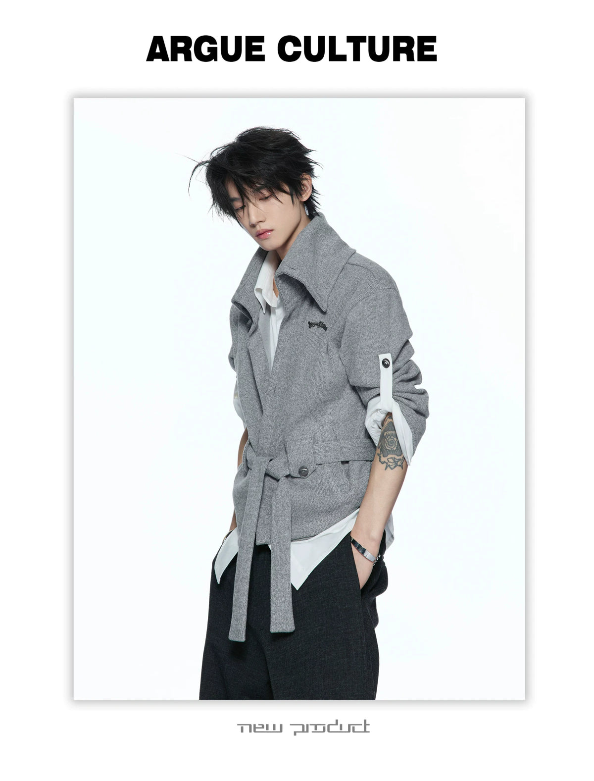 Faux Two-Piece Waist-Tie Knit Jacket in Black & Gray - detail image 4