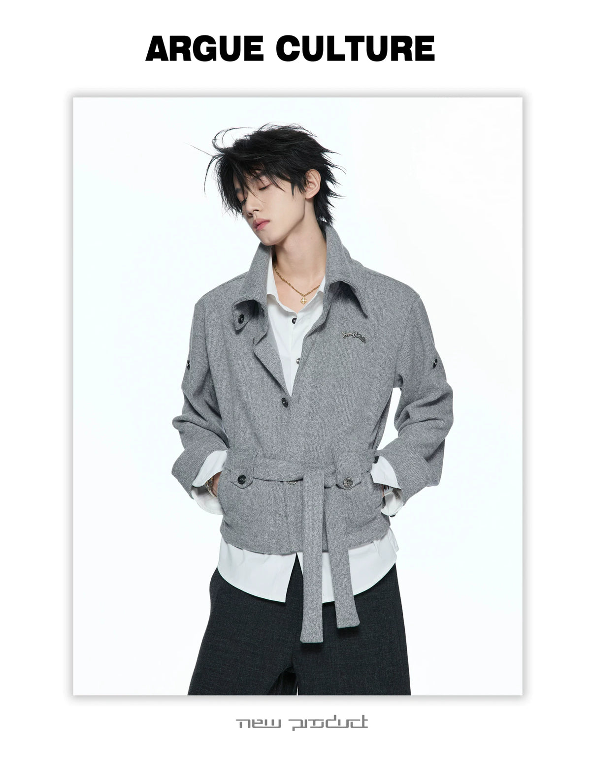 Faux Two-Piece Waist-Tie Knit Jacket in Black & Gray - detail image 5