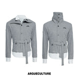 Faux Two-Piece Waist-Tie Knit Jacket in Black & Gray - Gray