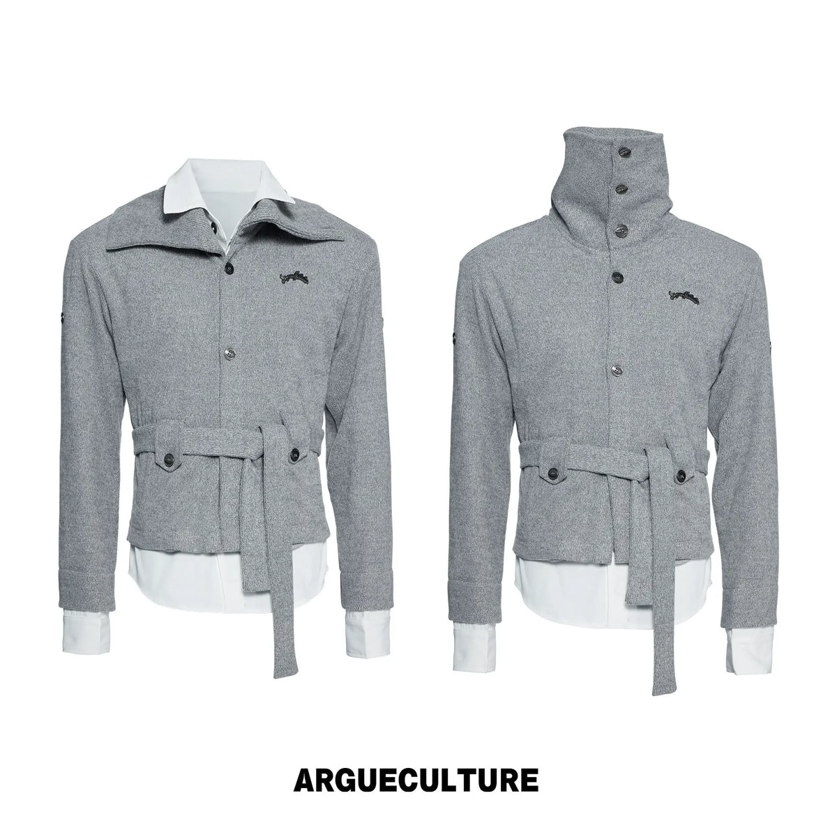 Faux Two-Piece Waist-Tie Knit Jacket in Black & Gray - Gray