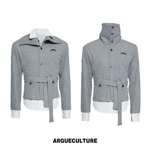 Faux Two-Piece Waist-Tie Knit Jacket in Black & Gray - Gray