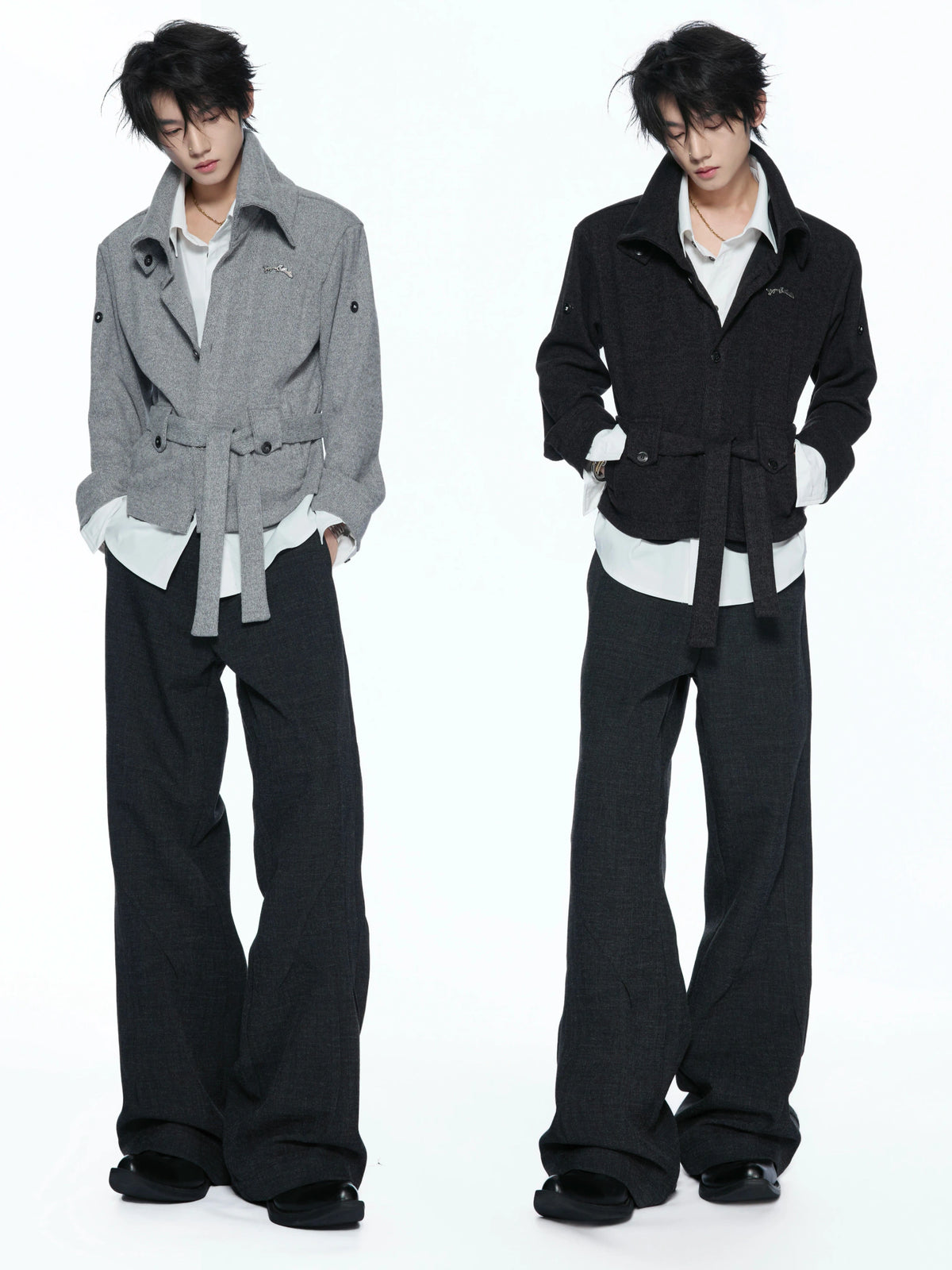 Faux Two-Piece Waist-Tie Knit Jacket in Black & Gray - main image 4