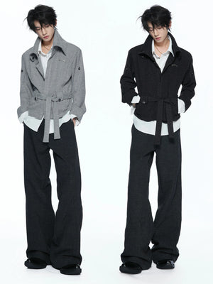 Faux Two-Piece Waist-Tie Knit Jacket in Black & Gray - main image 4