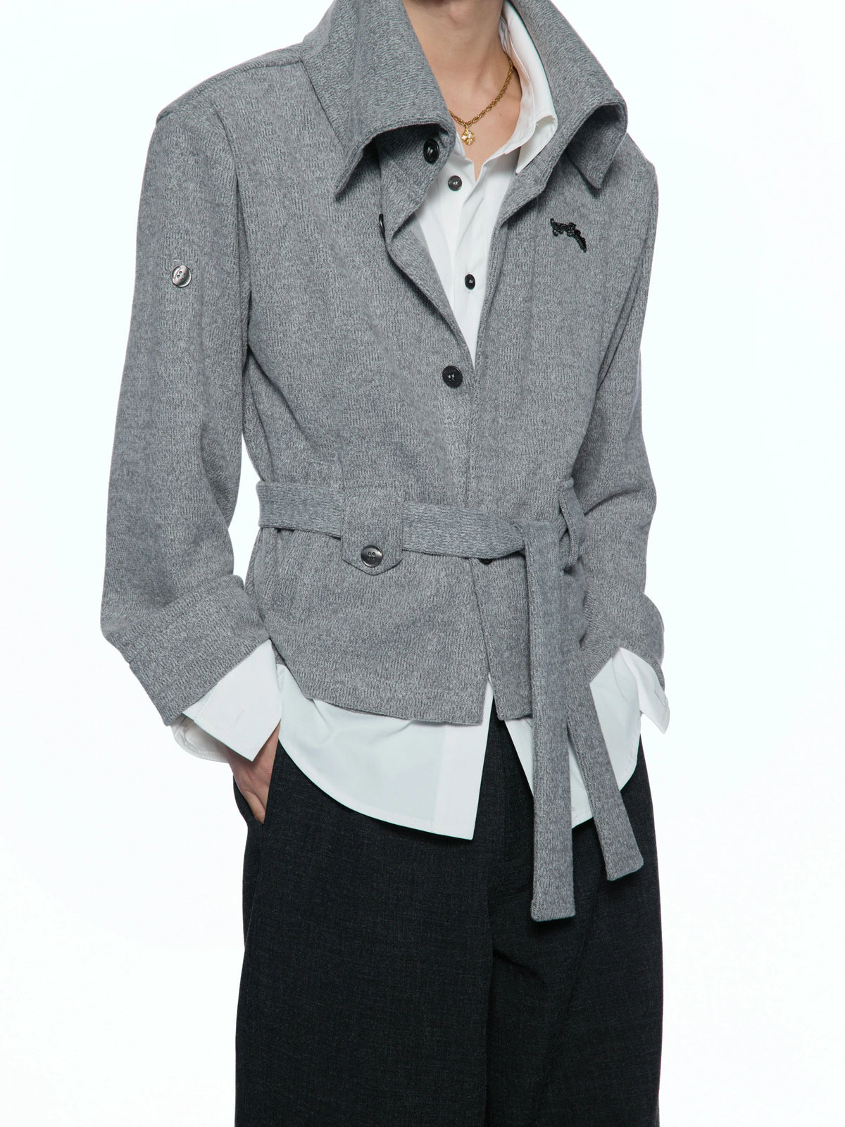 Faux Two-Piece Waist-Tie Knit Jacket in Black & Gray - main image 3