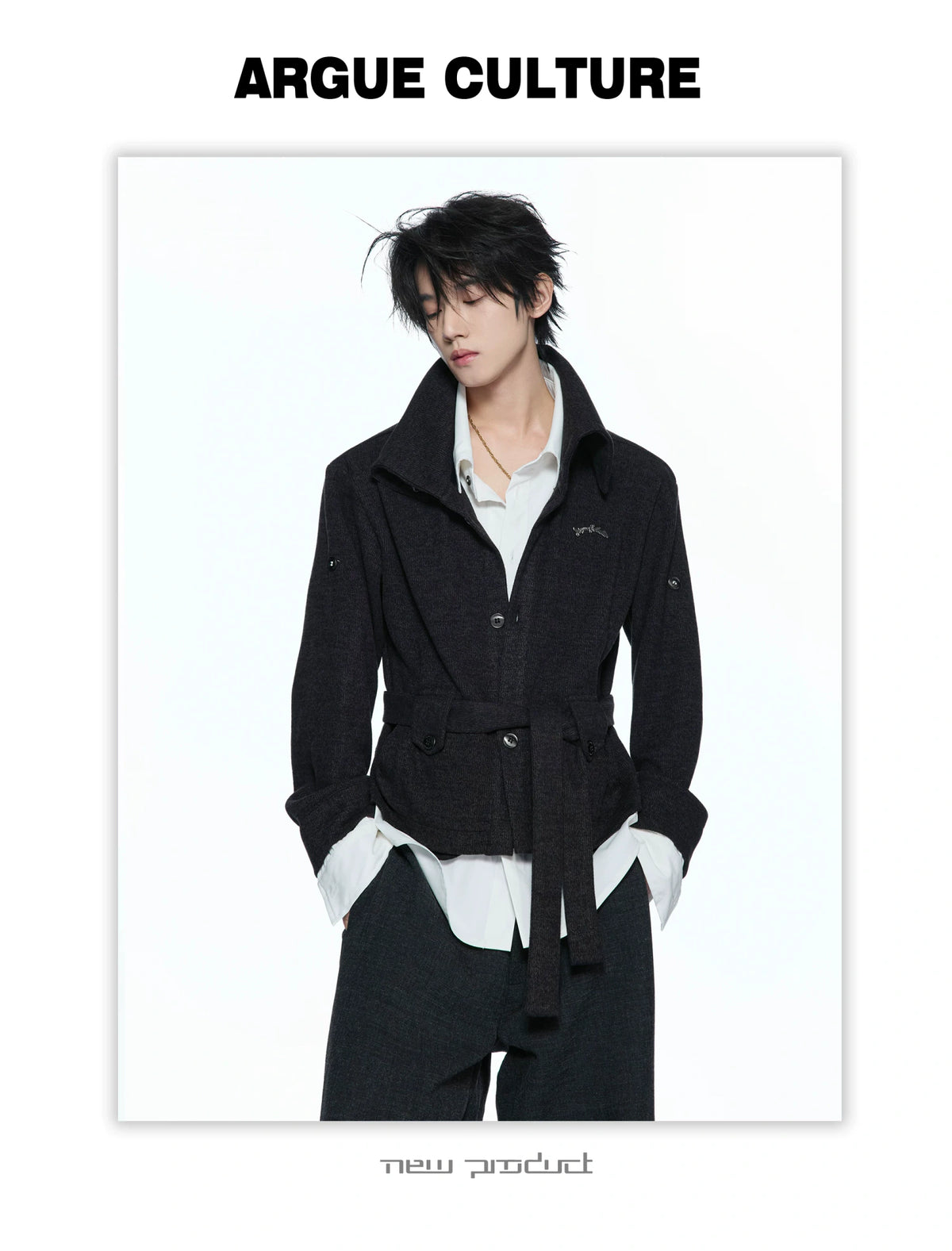 Faux Two-Piece Waist-Tie Knit Jacket in Black & Gray - detail image 10