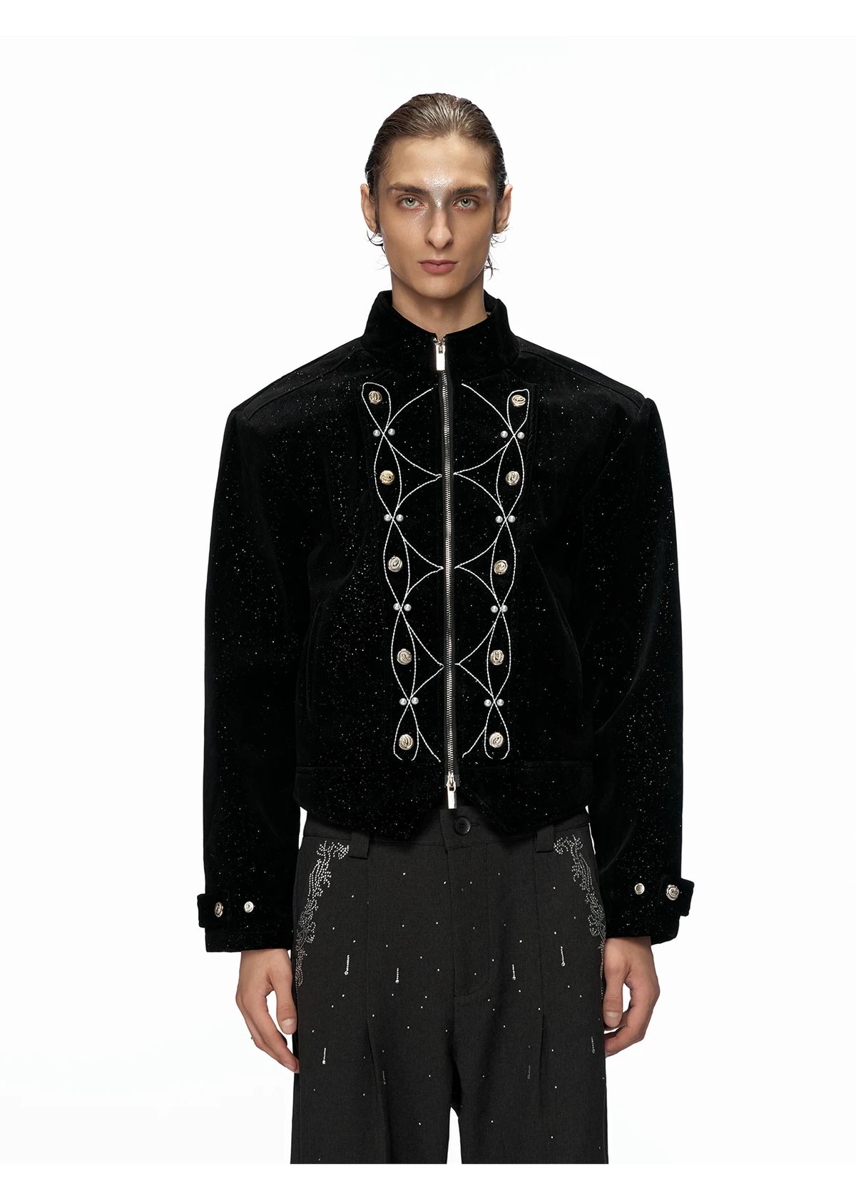 Fine-Shimmer Cropped Jacket with Metal Details - detail image 4