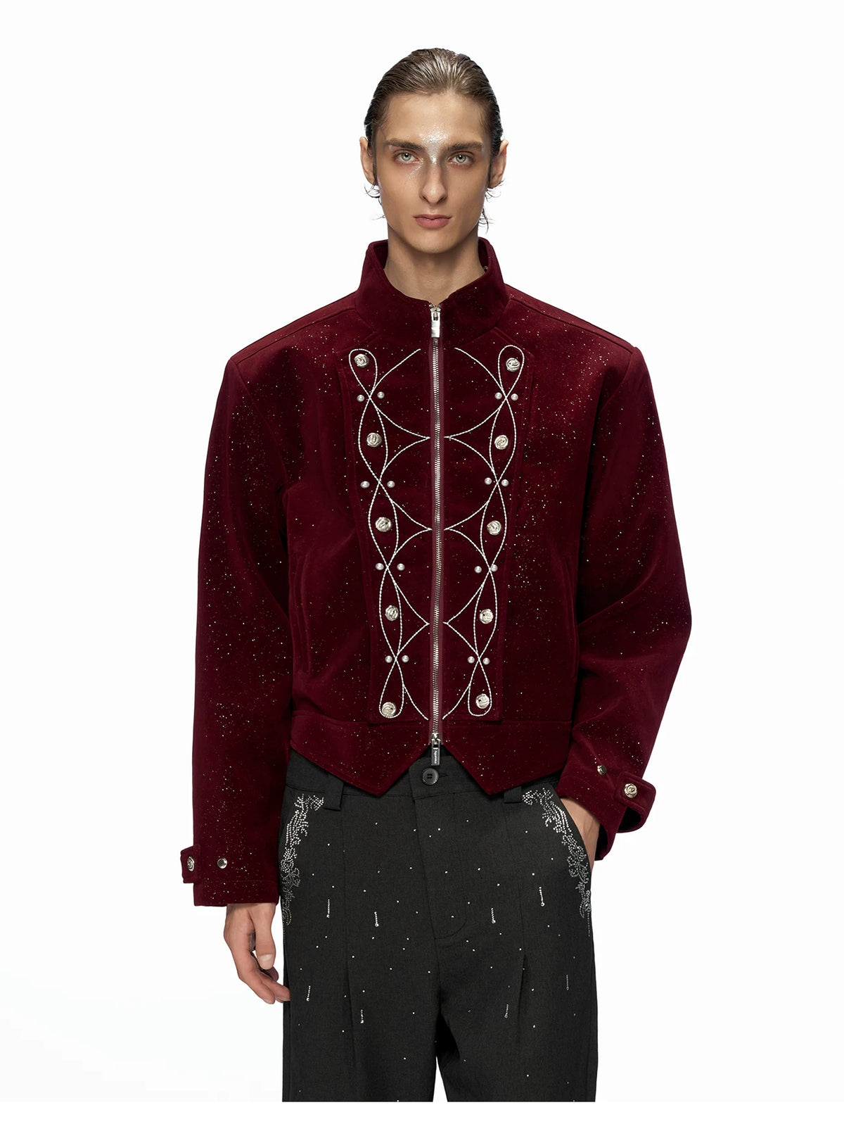 Fine-Shimmer Cropped Jacket with Metal Details - detail image 2