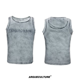 Fitted Graphic Layered Tank Top in Ribbed Stretch Knit - Gray