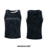 Fitted Graphic Layered Tank Top in Ribbed Stretch Knit - Black