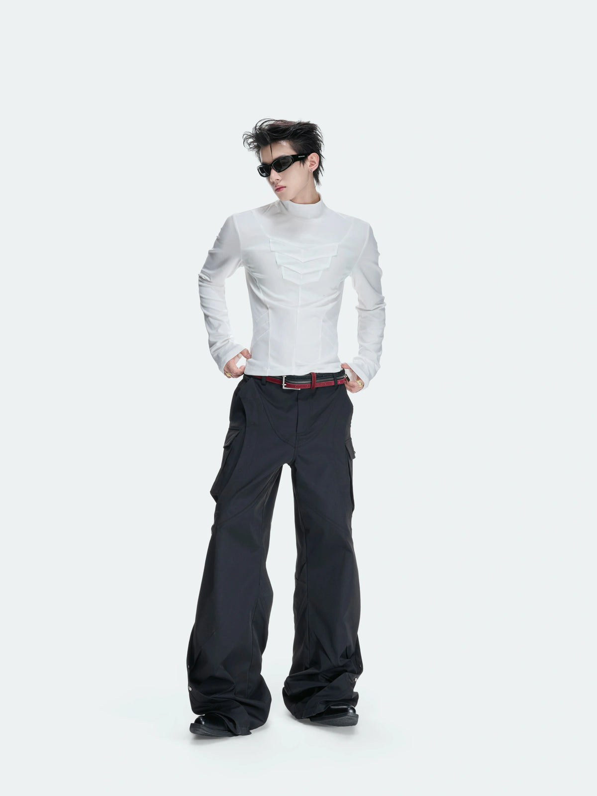 Fitted Mock Neck Long Sleeve Top with Pleated Panels - main image 4