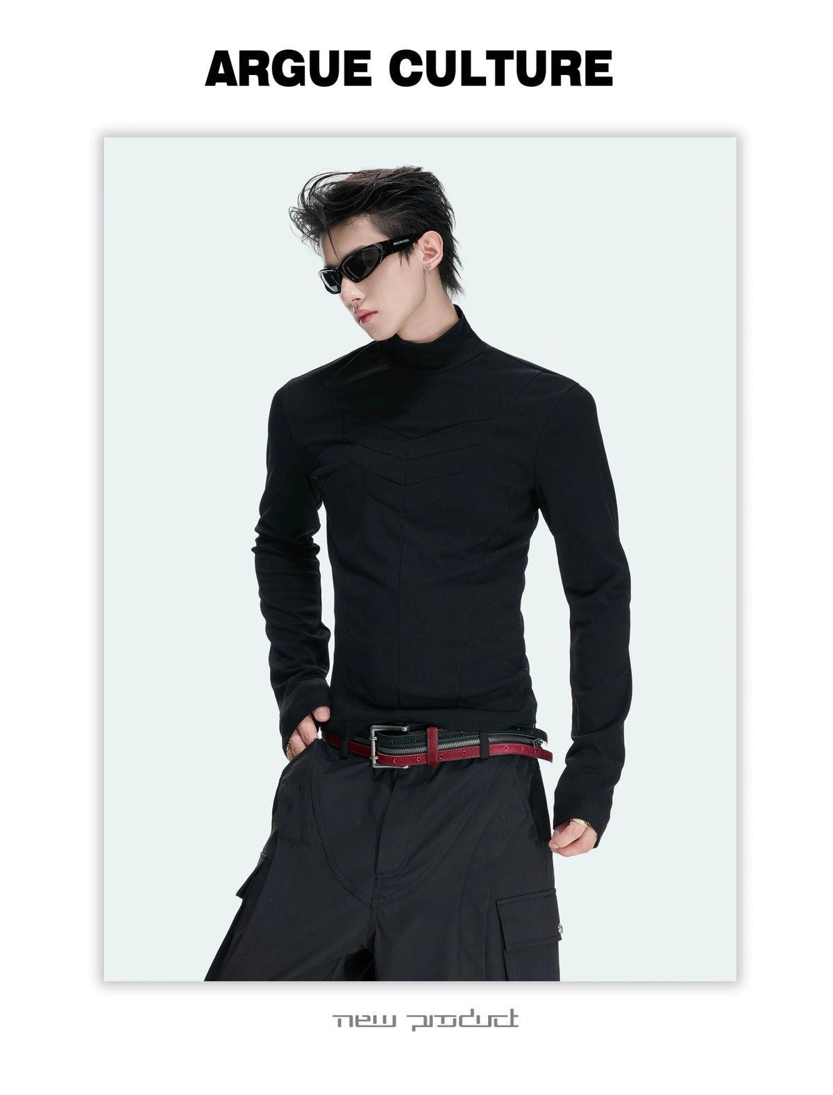 Fitted Mock Neck Long Sleeve Top with Pleated Panels - detail image 4