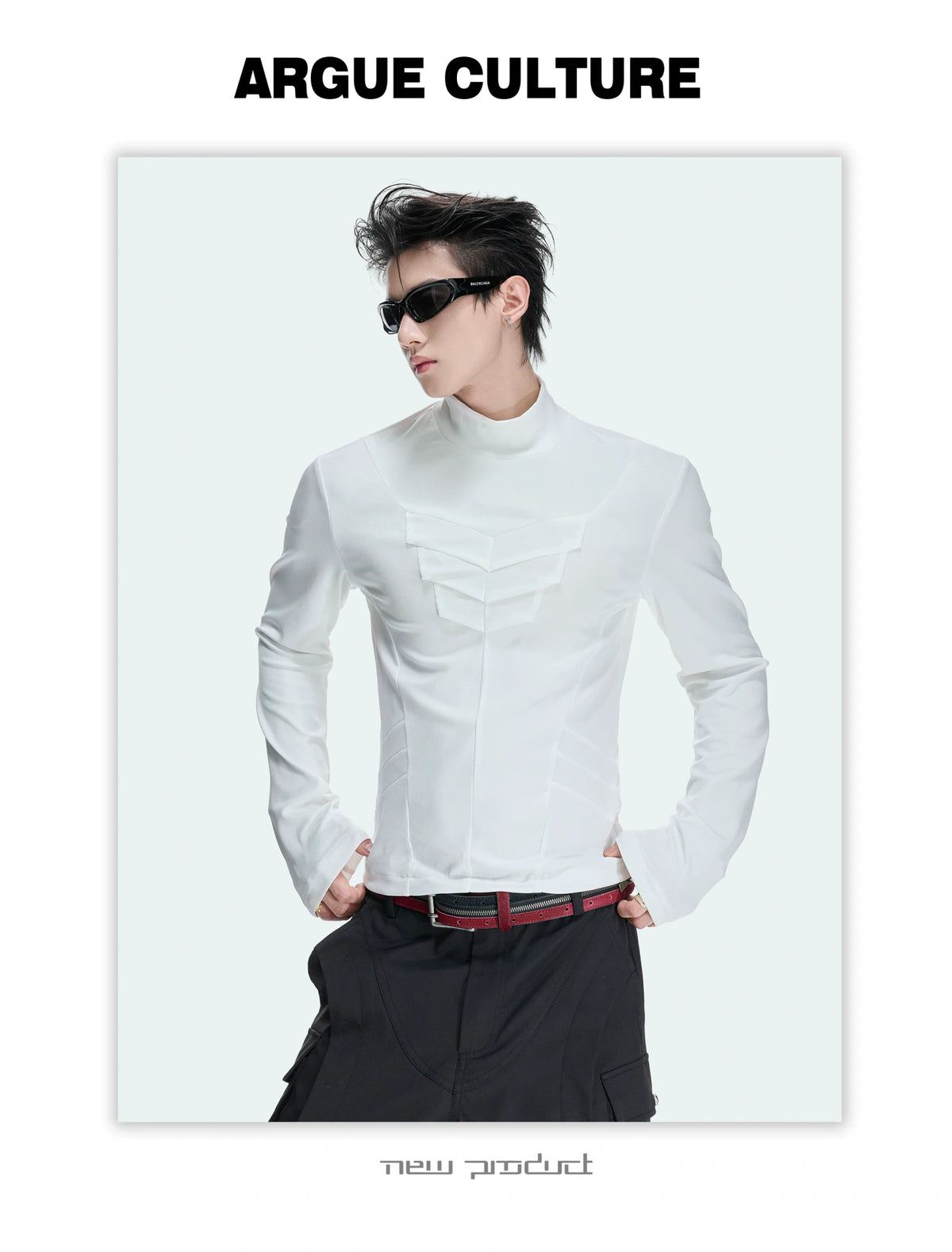 Fitted Mock Neck Long Sleeve Top with Pleated Panels - detail image 7