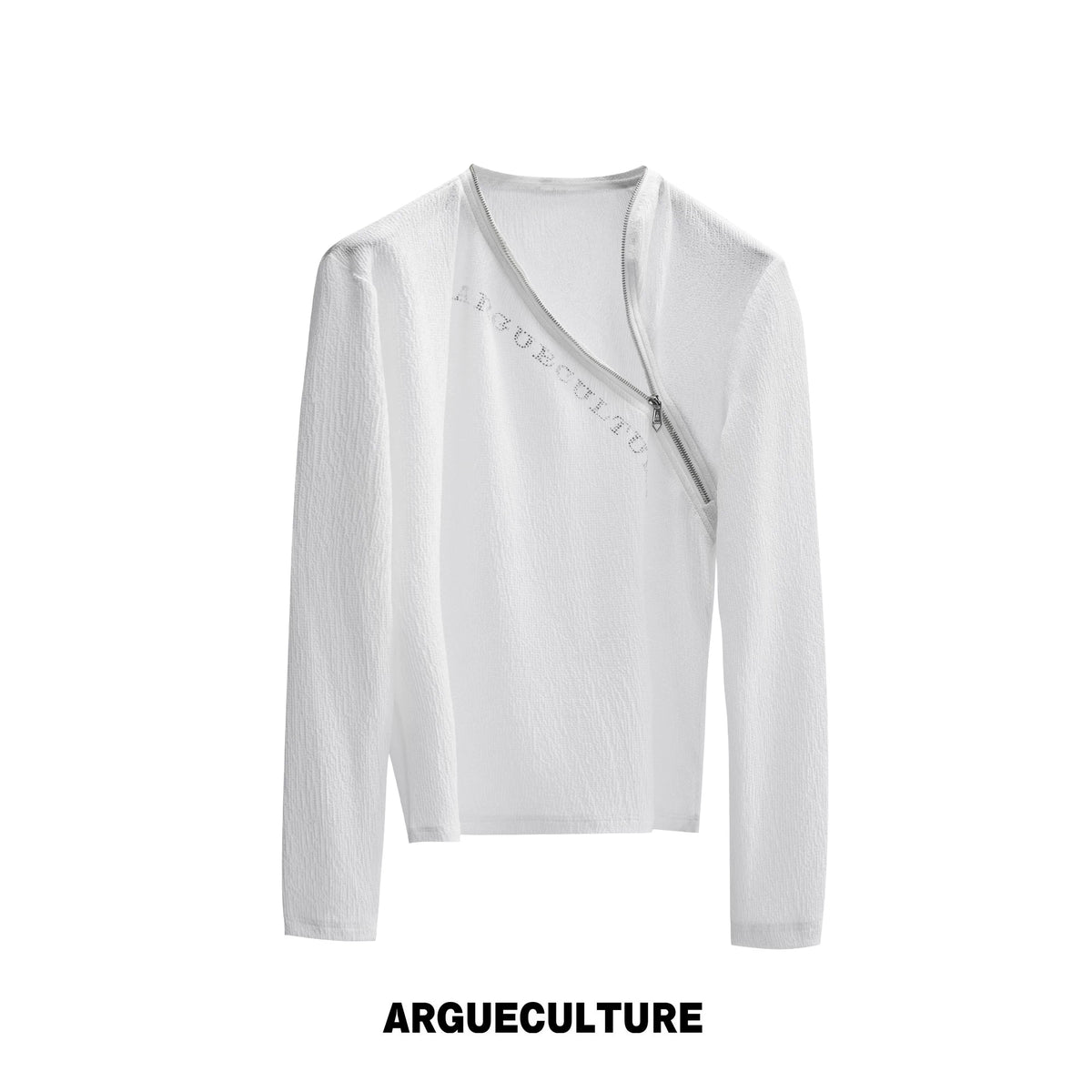 Fitted Rhinestone Zip Long-Sleeve Top | Textured - White