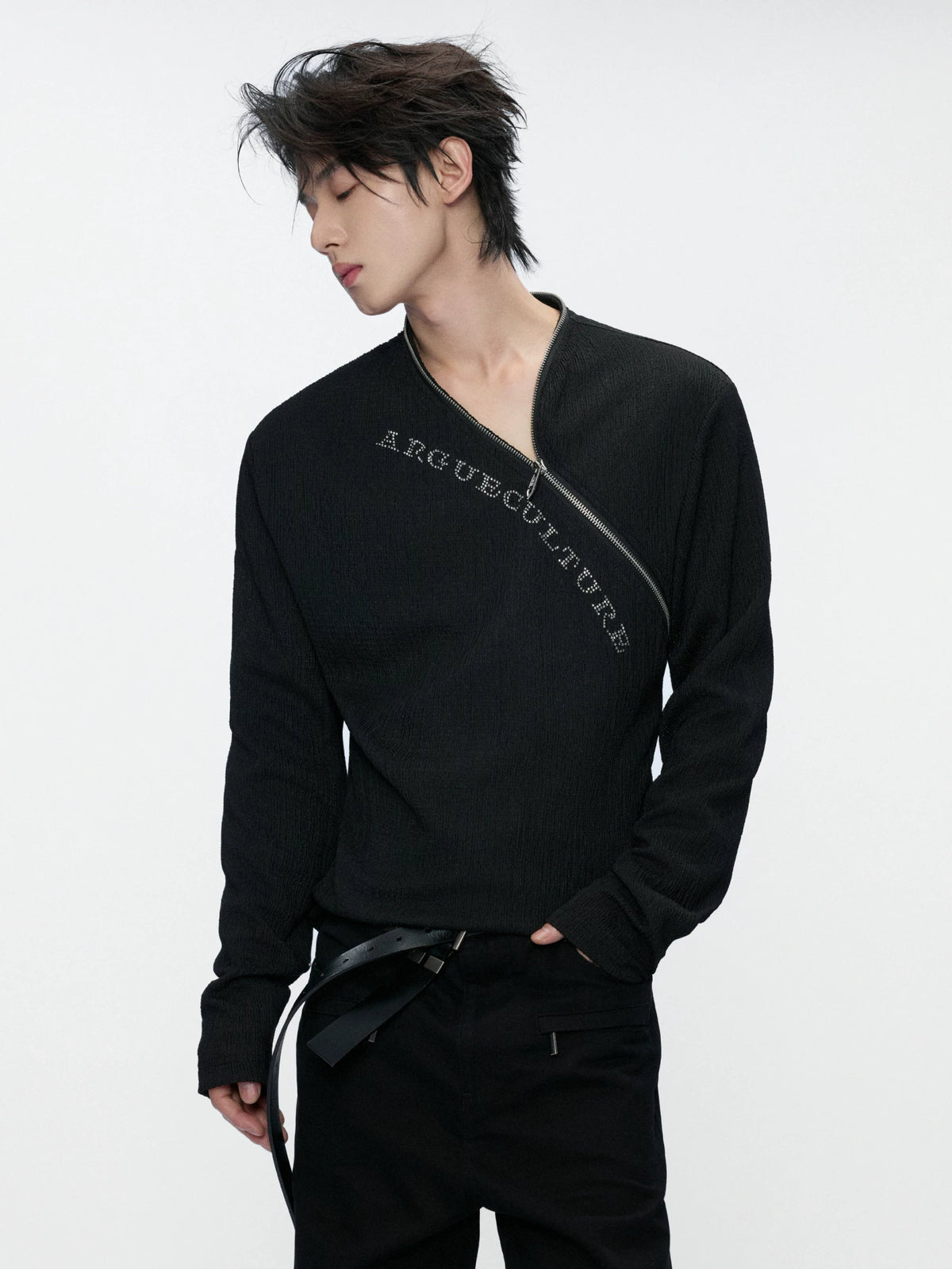 Fitted Rhinestone Zip Long-Sleeve Top | Textured - main image 1
