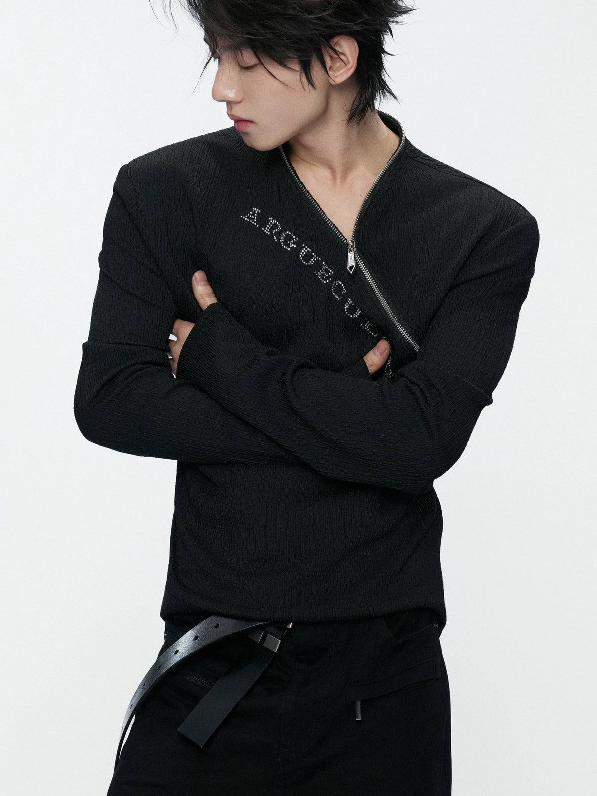 Fitted Rhinestone Zip Long-Sleeve Top | Textured - main image 4