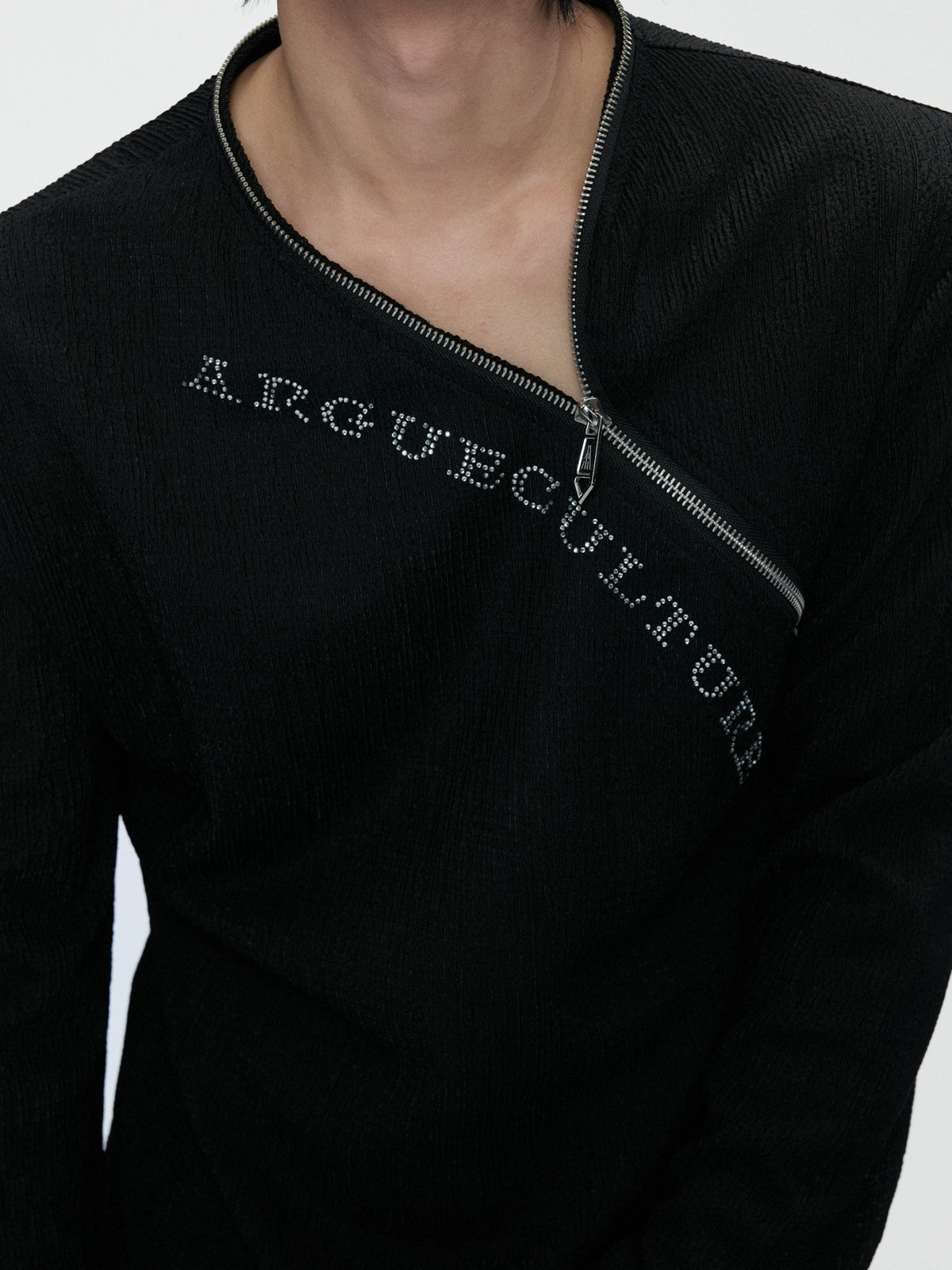 Fitted Rhinestone Zip Long-Sleeve Top | Textured - main image 2