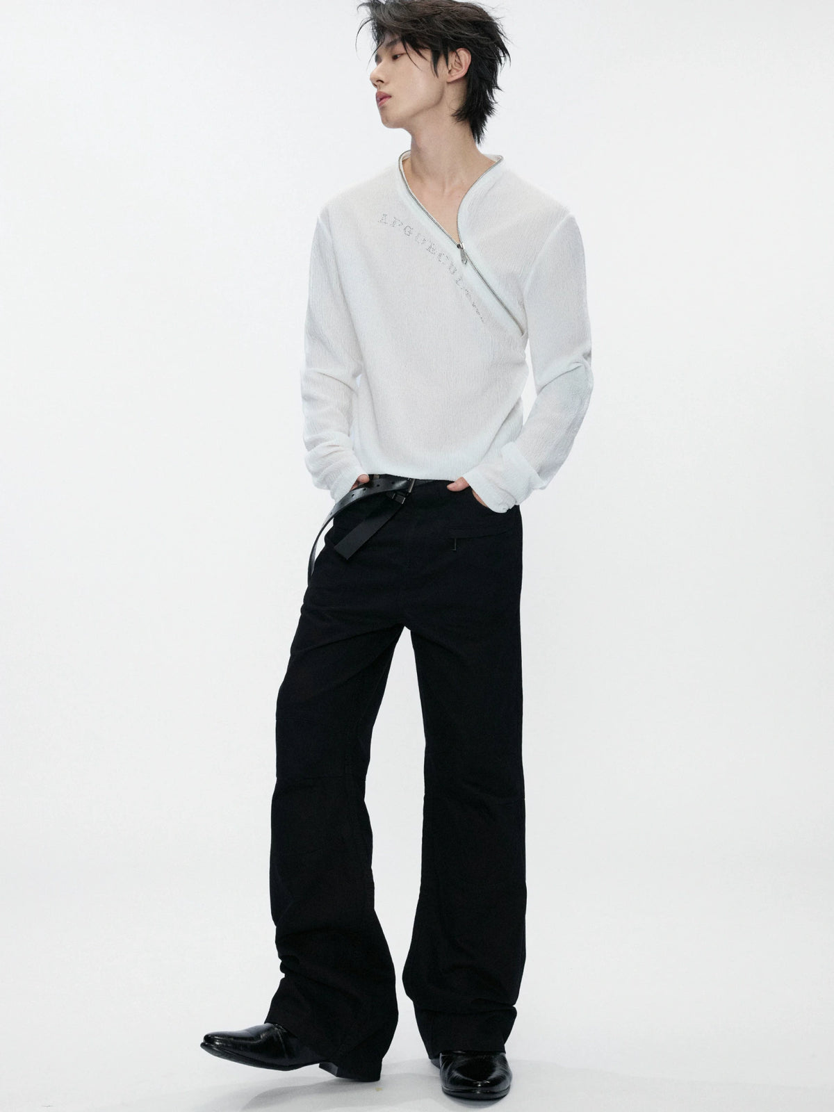 Fitted Rhinestone Zip Long-Sleeve Top | Textured - main image 3