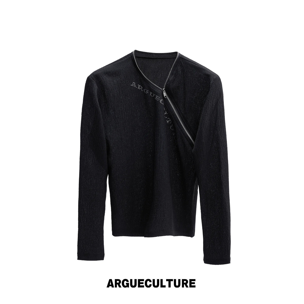 Fitted Rhinestone Zip Long-Sleeve Top | Textured - Black