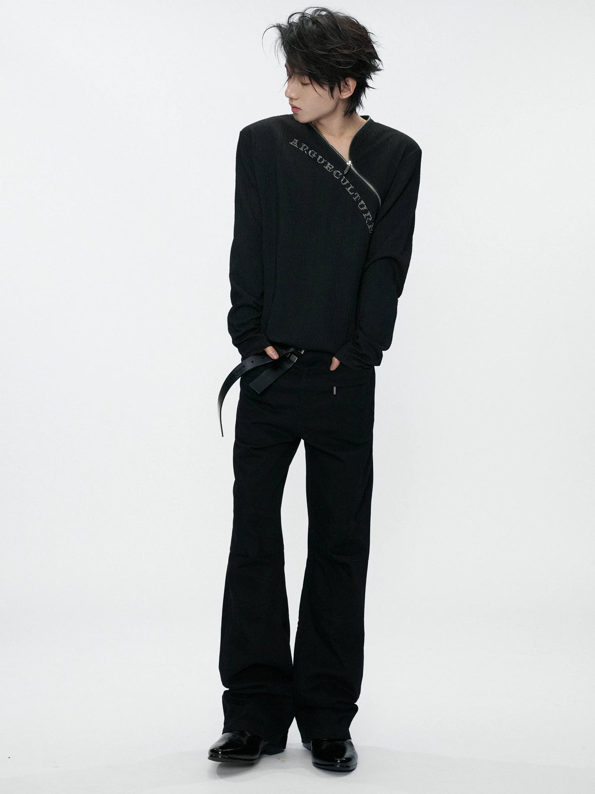 Fitted Rhinestone Zip Long-Sleeve Top | Textured - main image 5