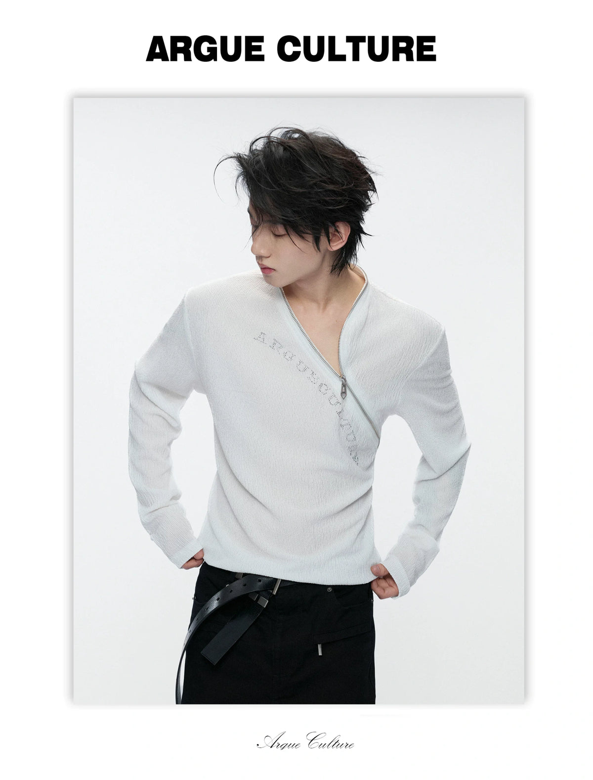 Fitted Rhinestone Zip Long-Sleeve Top | Textured - detail image 5