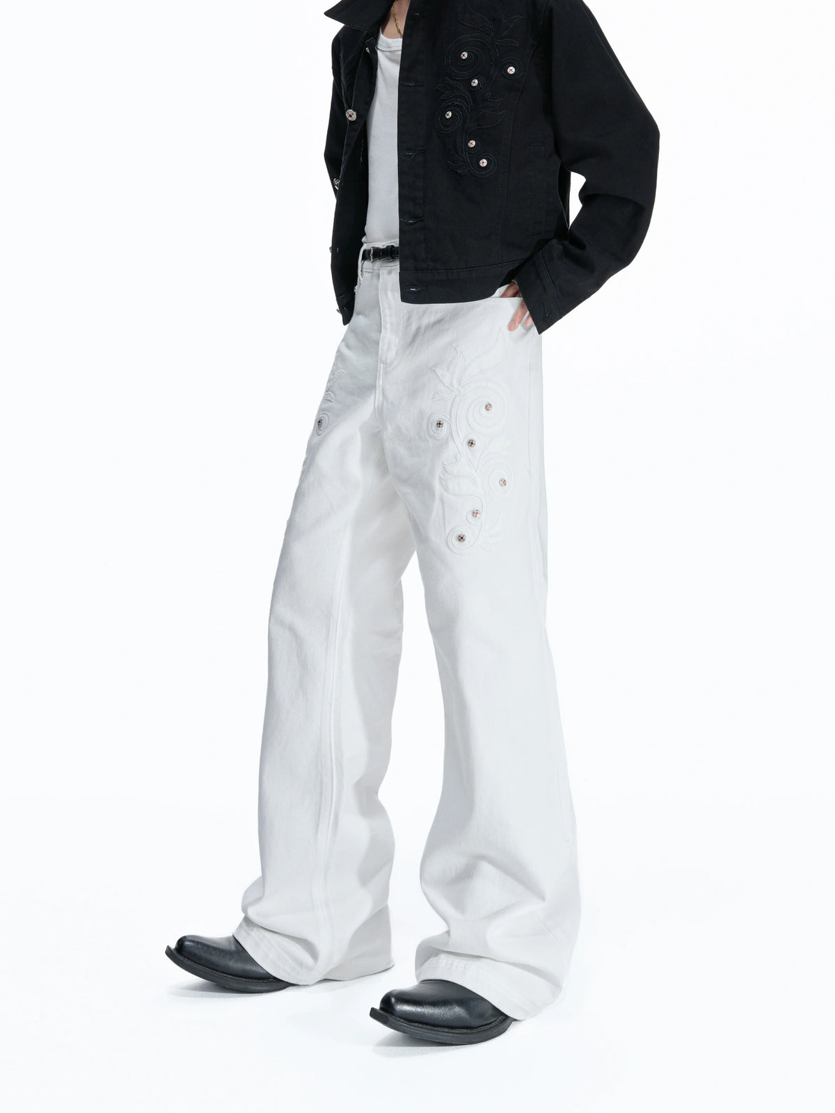Floral Embroidered Bootcut Jeans with Carved Rivets - main image 3
