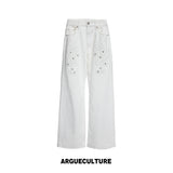 Floral Embroidered Bootcut Jeans with Carved Rivets - White