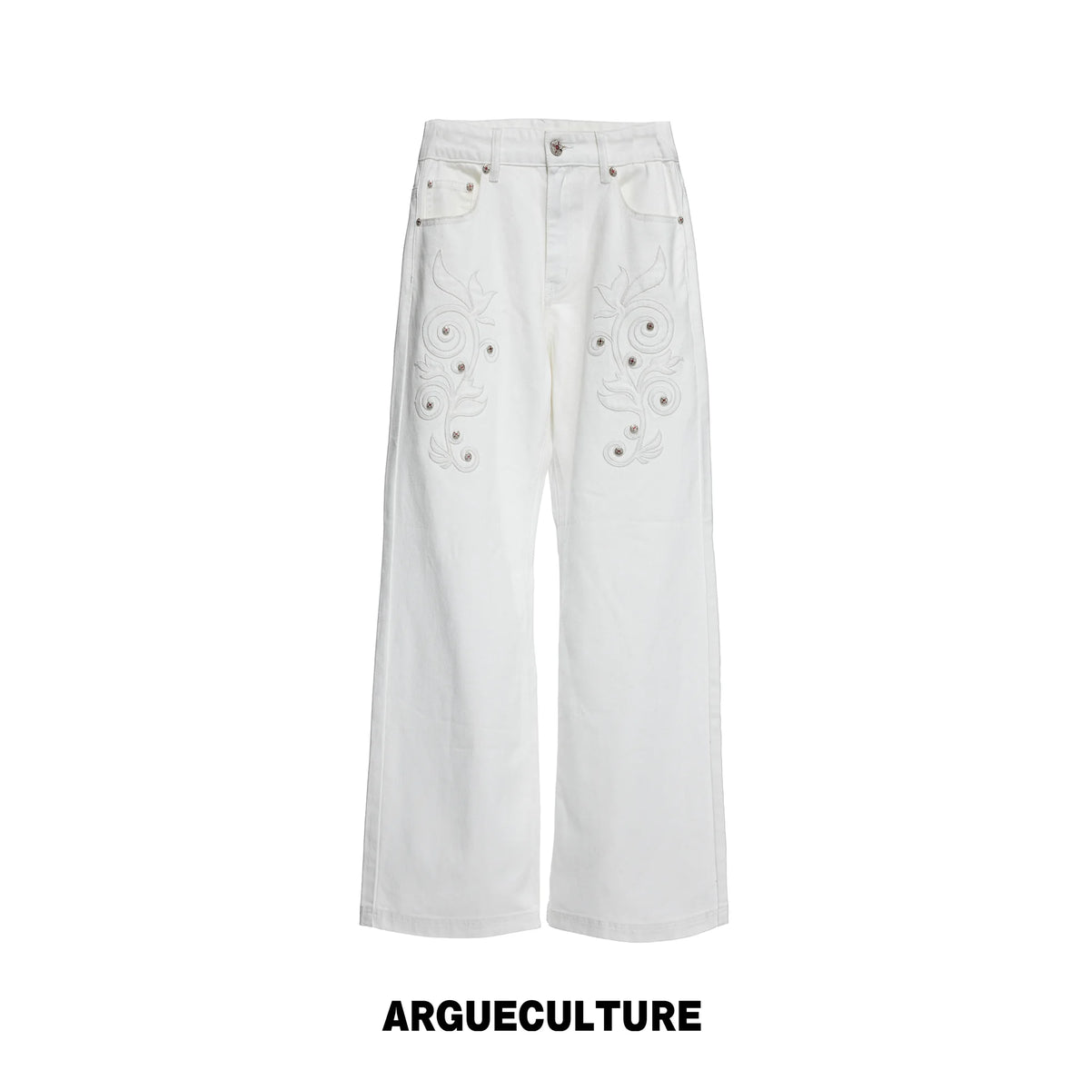 Floral Embroidered Bootcut Jeans with Carved Rivets - White