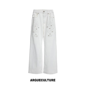 Floral Embroidered Bootcut Jeans with Carved Rivets - White
