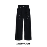 Floral Embroidered Bootcut Jeans with Carved Rivets - Black