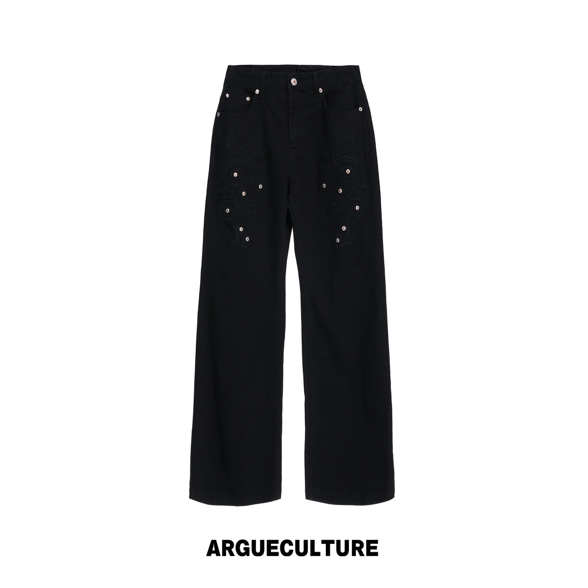 Floral Embroidered Bootcut Jeans with Carved Rivets - Black