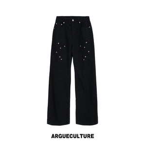 Floral Embroidered Bootcut Jeans with Carved Rivets - Black