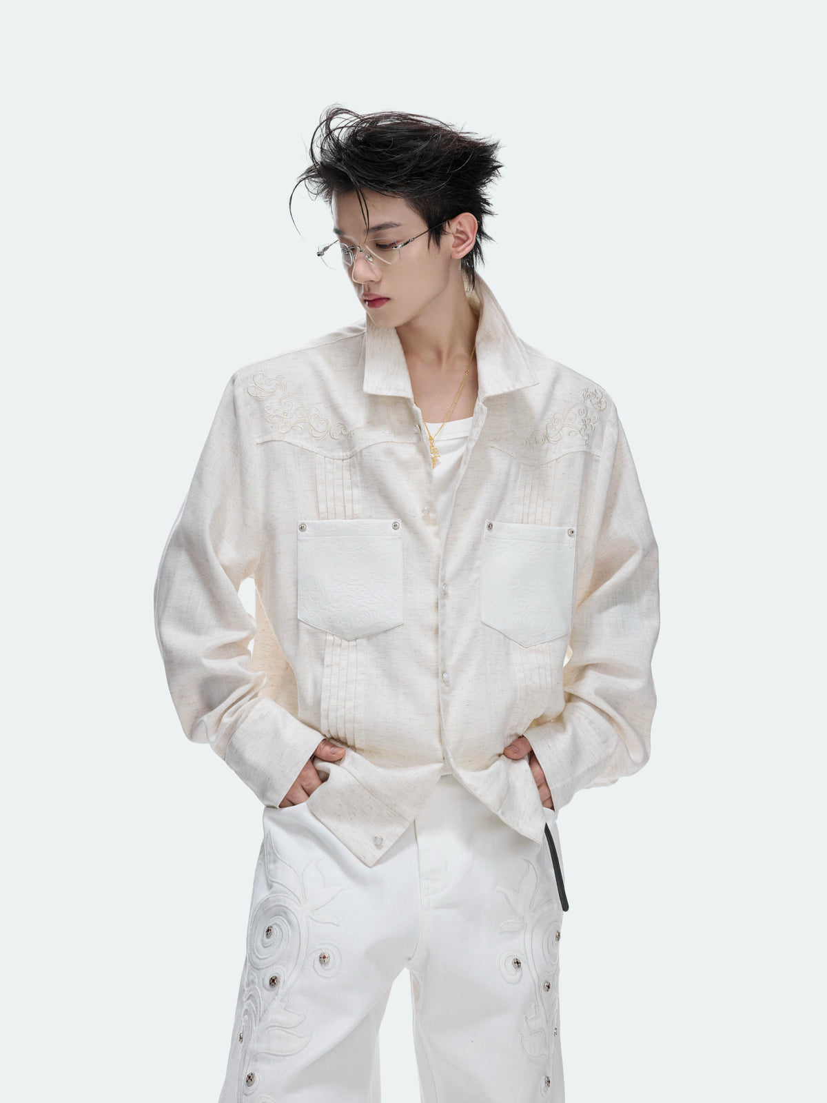 Floral Embroidered Lyocell-Linen Shirt Jacket - main image 4