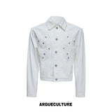 Floral Embroidered Rivet Cropped Denim Jacket - Washed White