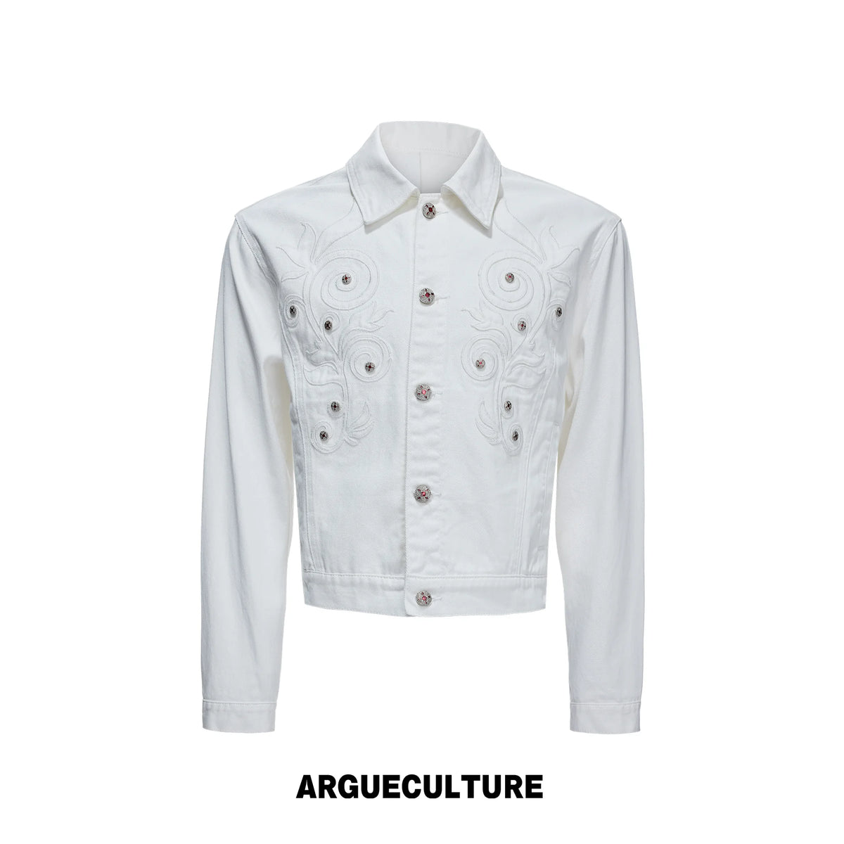 Floral Embroidered Rivet Cropped Denim Jacket - Washed White