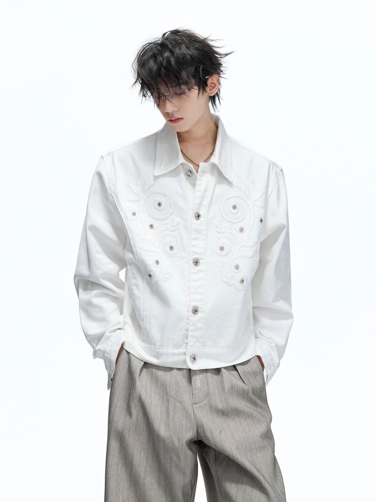 Floral Embroidered Rivet Cropped Denim Jacket - main image 2