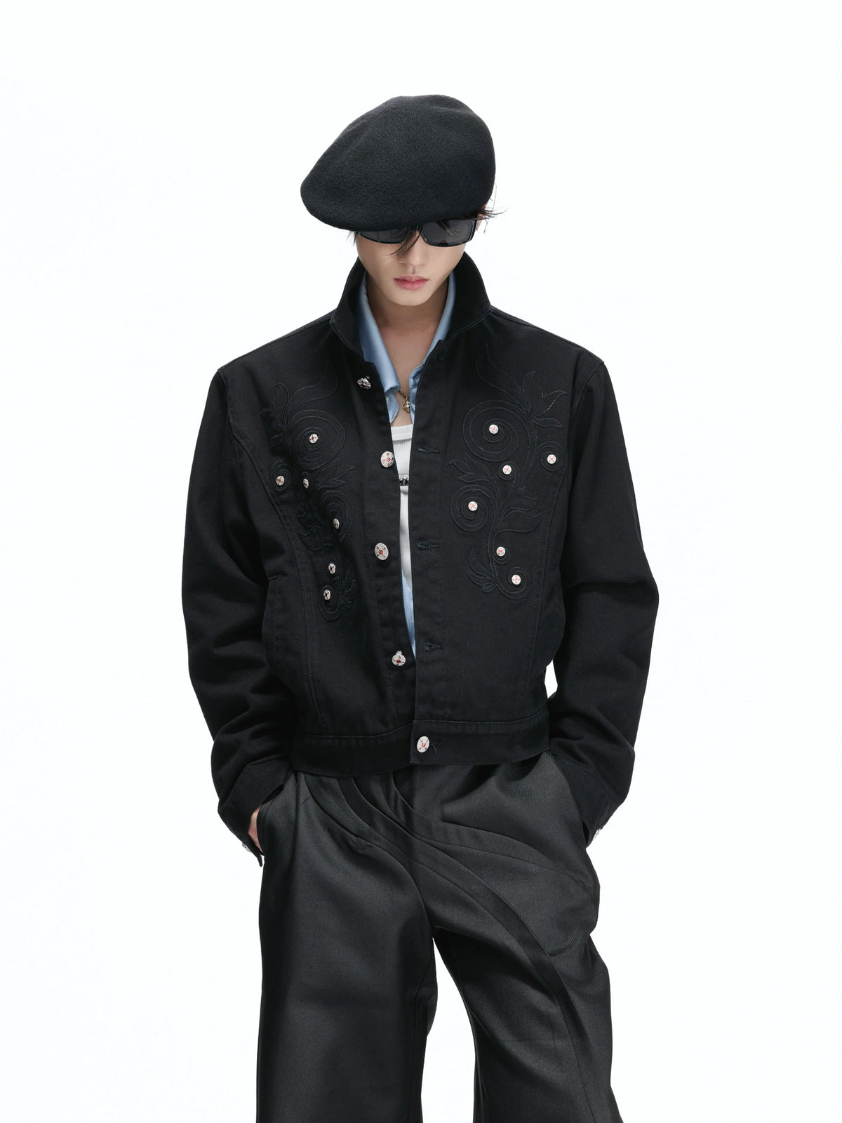 Floral Embroidered Rivet Cropped Denim Jacket - main image 3