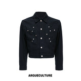 Floral Embroidered Rivet Cropped Denim Jacket - Washed Black