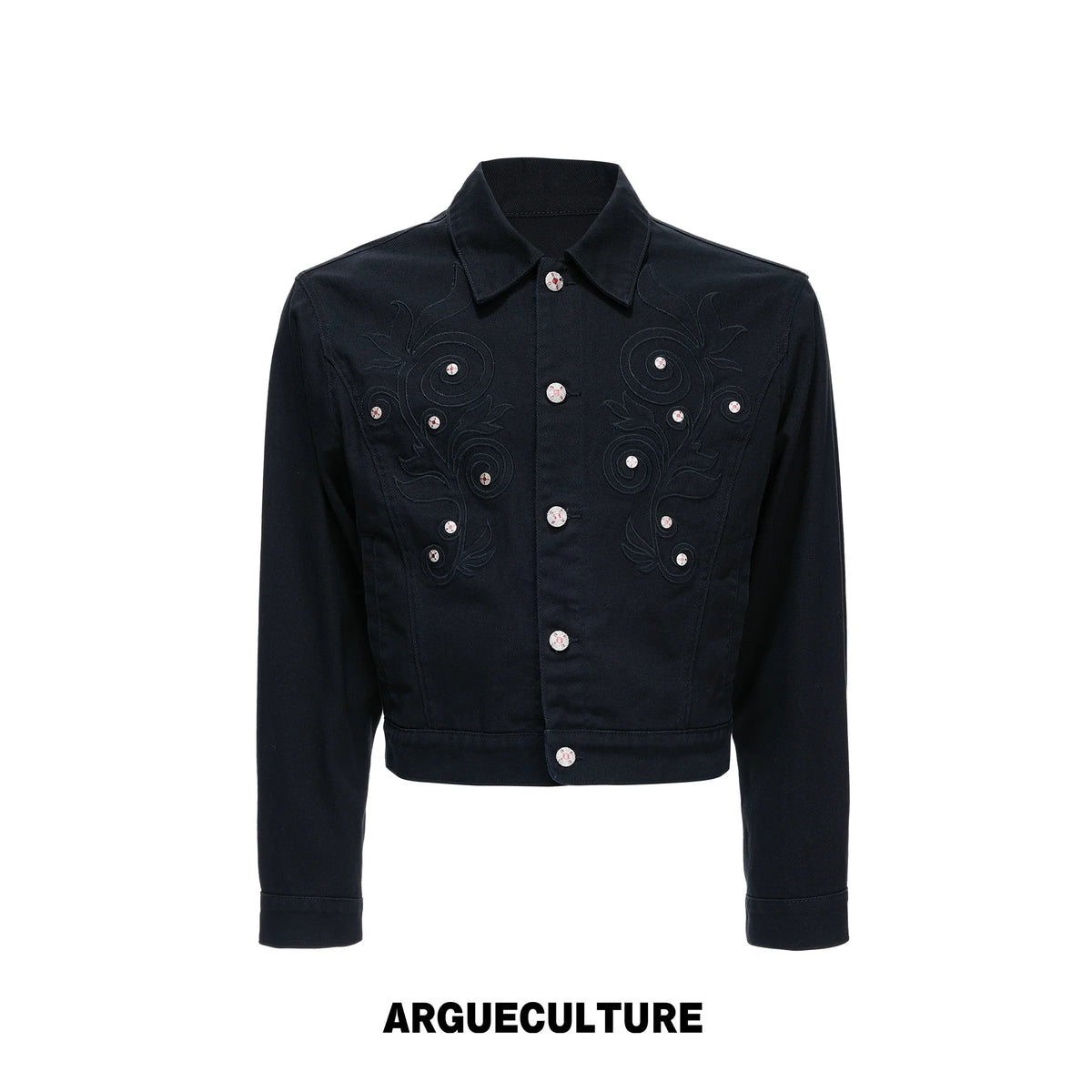 Floral Embroidered Rivet Cropped Denim Jacket - Washed Black