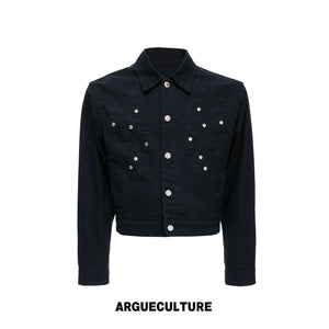 Floral Embroidered Rivet Cropped Denim Jacket - Washed Black