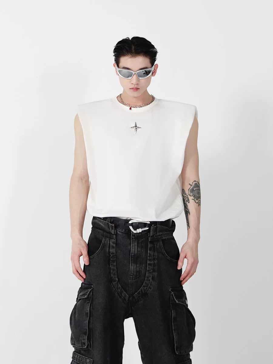 Side view of white streetwear tank top showing 3D patch pocket