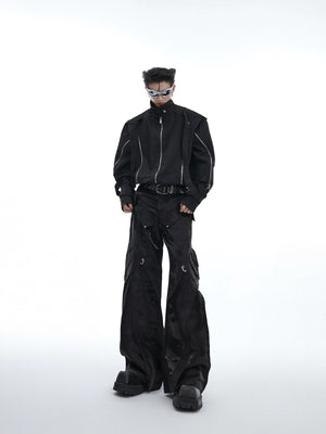 Lifestyle shot of the futuristic liquid shine pants in an urban street setting.