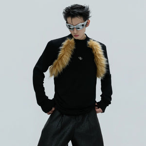 Front view of black slim fit high neck top with fuzzy shoulder details