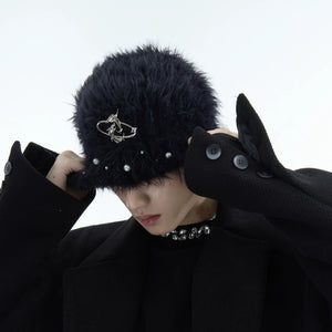 White plush knitted beanie side view cozy winter headwear